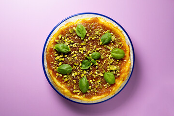 Manchego cheesecake with quince jam and pistachio. Spanish cheesecake recipe.
