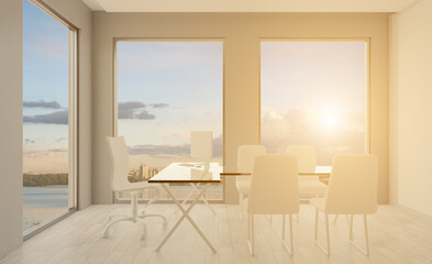 Modern office building interior. 3D rendering.. Sunset.