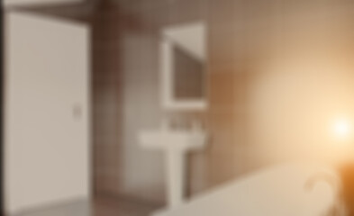 Modern bathroom including bath and sink. 3D rendering.. Sunset.. Abstract blur phototography.
