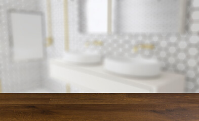 Freestanding bath with towels in grey modern bathroom. 3D render. Background with empty table. Flooring.