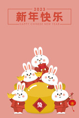 Happy Chinese new year greeting card 2023 with cute rabbit in red costume with wealth gold money. Animal holidays cartoon character. Translate: Happy new yera. -Vector