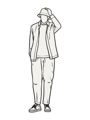 Man standing with his hands in his pants pocket line vector drawing. Minimalistic contour illustration.