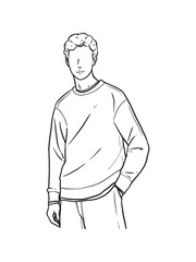 Fototapeta na wymiar Man standing with his hands in his pants pocket line vector drawing. Minimalistic contour illustration.