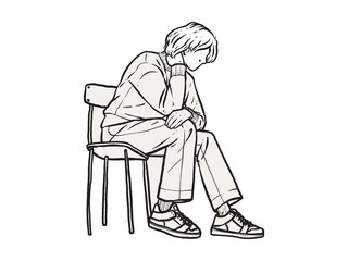 A man sits in a chair with his hands on the nape of his neck. line vector drawing. Minimalistic contour illustration.