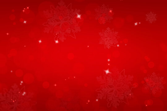 Red merry christmas background with bokeh and snowflakes. Place for text, copyspace.