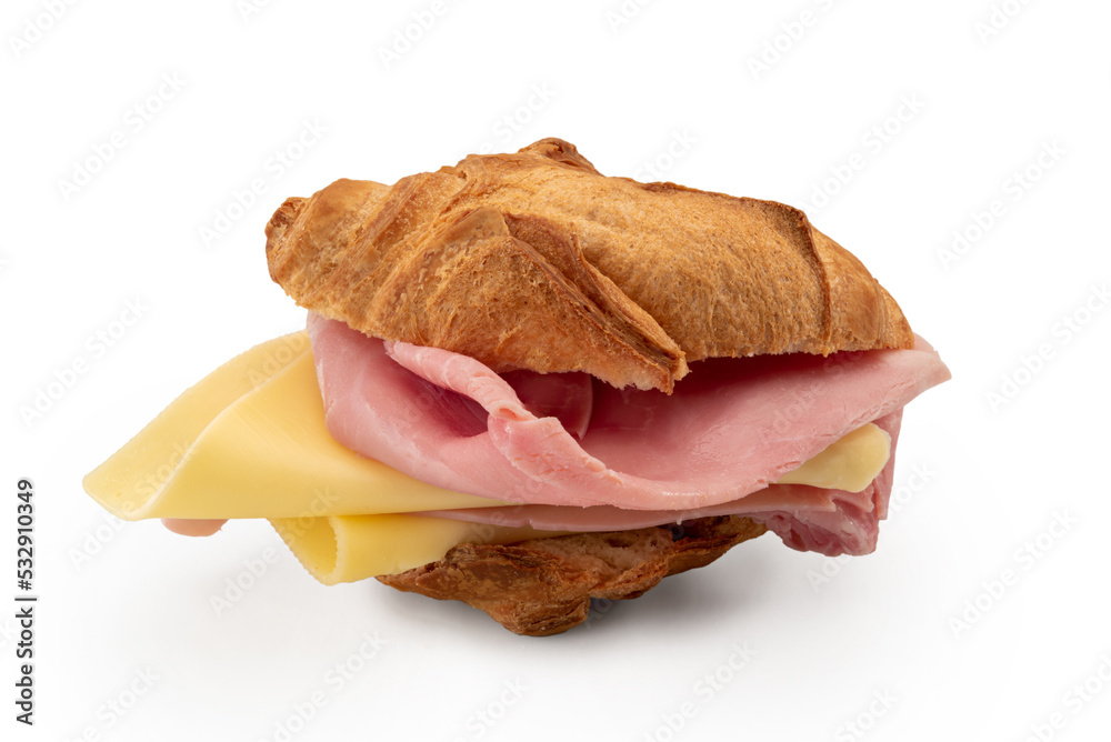 Poster Croissant sandwich with ham and cheese, puff bread with edamer and ham slices isolated on white, clipping path