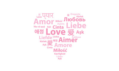 Love symbolic pink heart, words, languages