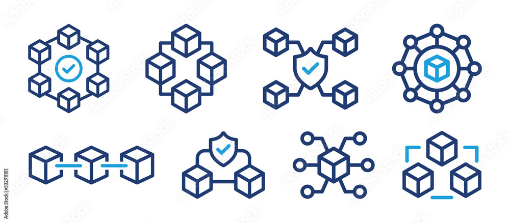 Aufkleber blockchain technology icon outline set. cryptocurrency blockchain secured symbol. vector illustratio