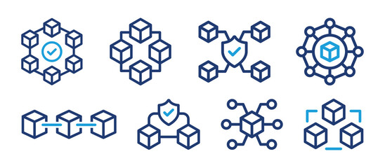 Blockchain technology icon outline set. Cryptocurrency blockchain secured symbol. Vector illustration. - obrazy, fototapety, plakaty