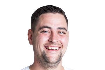 Obraz premium Cute laughing guy in a white poppy. Emotions, positivity and optimism. Close-up. Isolated on white background.