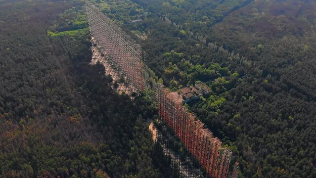 Aerial view of Soviet over-the-horizon military radar station Duga in the Chernobyl exclusion zone also known as Russian woodpecker