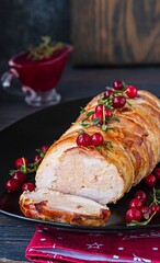Cold appetizer, whole baked turkey and minced meat roll wrapped in bacon, on a black plate on a dark wooden background.
