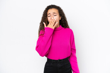 Young Arab woman isolated on white background yawning and covering wide open mouth with hand