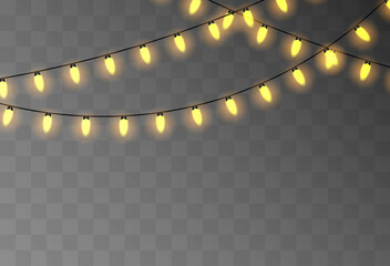 Garlands, Christmas decorations. Yellow christmas lights isolated realistic design elements. Glowing lights for Xmas Holiday greeting card design.