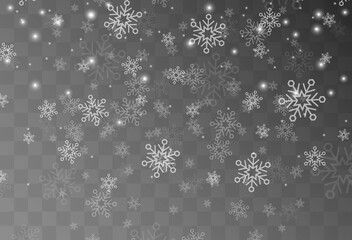 Winter snow storm. Christmas falling snow vector isolated on dark background. Christmas pattern from snowflakes. Magic white snowfall texture. Transparent decorative snowflake effect.