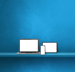 Laptop, mobile phone and digital tablet pc on blue wall shelf. Square background