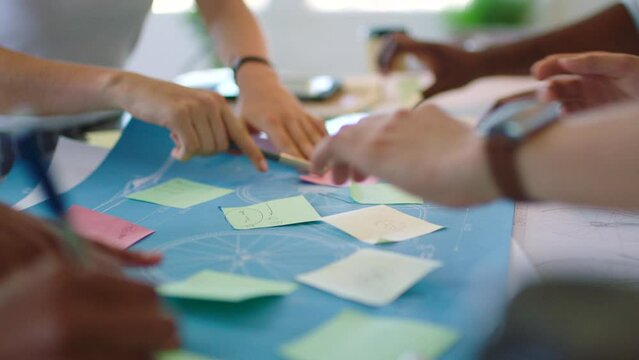 Business people hands planning sticky note ideas, research and strategy in startup company. Closeup marketing teamwork meeting with moodboard poster, paper collaboration and creative project solution
