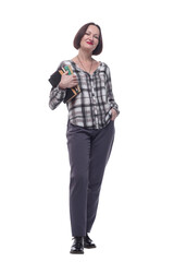 confident mature woman with a stack of books. isolated on a white background.