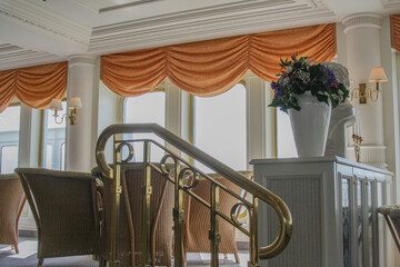 Elegant Belle Époque interior design furnishing bar lounge area onboard ocean liner cruiseship...