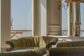 Elegant Belle Époque interior design furnishing bar lounge area onboard ocean liner cruiseship...