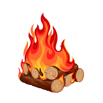 Bonfire with fire on burning stack of wood logs vector illustration. Cartoon isolated glowing light of flame in forest campfire of camping tourists, fireplace of cut firewood for outdoor picnic