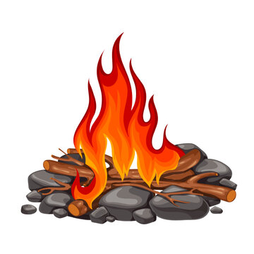 Glowing fire of bonfire with charcoal and firewood vector illustration. Cartoon isolated fiery tongues of flame burn on rocks, flammable coal and wood, outdoor campfire with red glow flaming