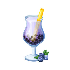 Blueberry bubble tea with tapioca pearls vector illustration. Cartoon isolated delicious berry milkshake in glass with tubule, natural milky smoothie drink from summer bar or restaurant menu