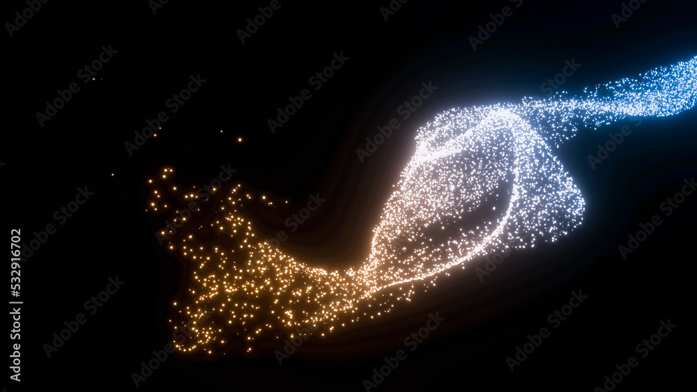 Wall mural abstract fluid flowing gold and blue light particle curve shape isolated on black background with sp