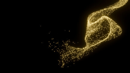 Fototapeta premium Abstract fluid flowing gold light particle curve shape isolated on black background with space for text in concept luxury, magic, technology.