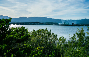 Fototapeta na wymiar 守山市湖岸から見る琵琶湖大橋