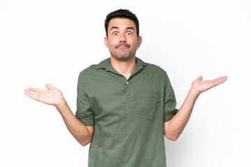 Fototapeta premium Young handsome man over isolated white background having doubts while raising hands