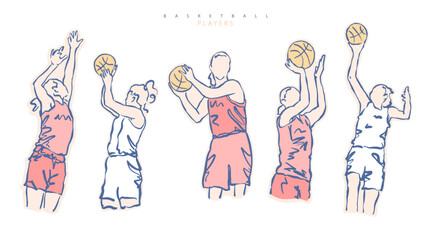 Collection of vector basketball players. Women's sport. Sketches of girls.