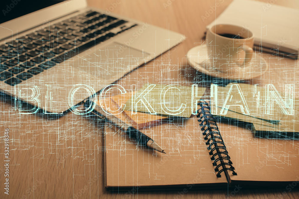 Poster Double exposure of crypto technology drawing and desktop with coffee and items on table background. Concept of blockchain