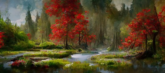 Enchanting evergreen spring forest with bright red leaves. Calm tranquil river stream and ponds. Lush green fairy fantasy woodland vegetation. Timeless beauty of nature.  