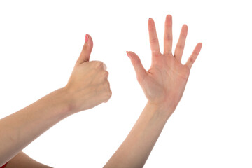 Female hands showing six fingers isolated on transparent background