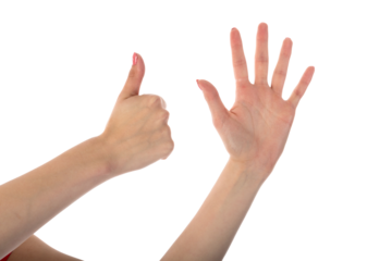 Female hands showing six fingers isolated on transparent background