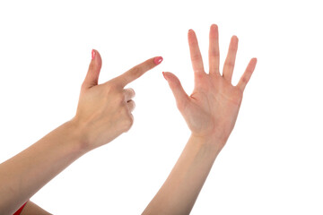Female hands showing seven fingers isolated on transparent background