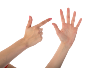 Female hands showing seven fingers isolated on transparent background