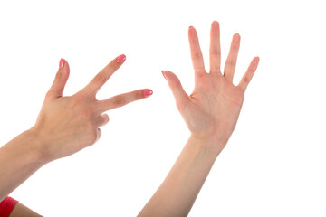 Female hands showing eight fingers isolated on transparent background