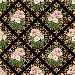 Seamless baroque pattern with rose flowers and golden scrolls on black background.