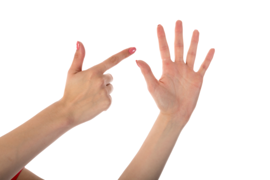 Female hands showing seven fingers isolated on transparent background