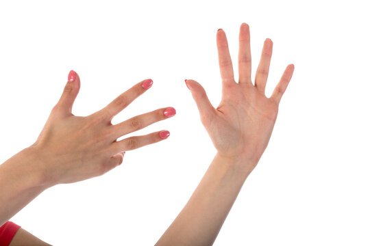 Female hands showing nine fingers isolated on transparent background