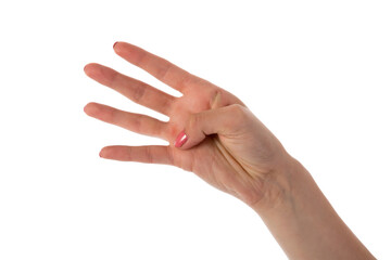 Female hand showing four fingers isolated on transparent background
