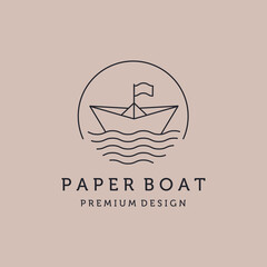 paper boat line art logo vector graphic design illustration, paperboat and water symbol design