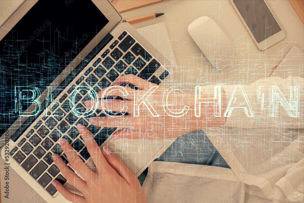 Aufkleber double exposure of woman hands working on computer and blockchain theme hologram drawing. top view. 