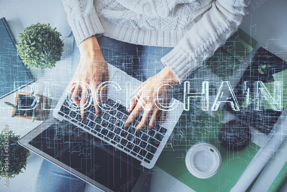 Aufkleber double exposure of woman hands working on computer and blockchain theme hologram drawing. top view. 