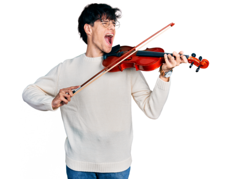 Handsome hipster young man playing violin angry and mad screaming frustrated and furious, shouting with anger looking up.