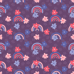 Groovy seamless pattern with flowers and rainbows in 1970s style. Boho aesthetic print for T-shirt, fabric, textile. Floral illustration for decor and design.