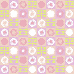 Geometric seamless pattern with daisies in 1980 aesthetic style. Floral checkered print for tee, poster, fabric, textile. Retro illustration for decor and design.