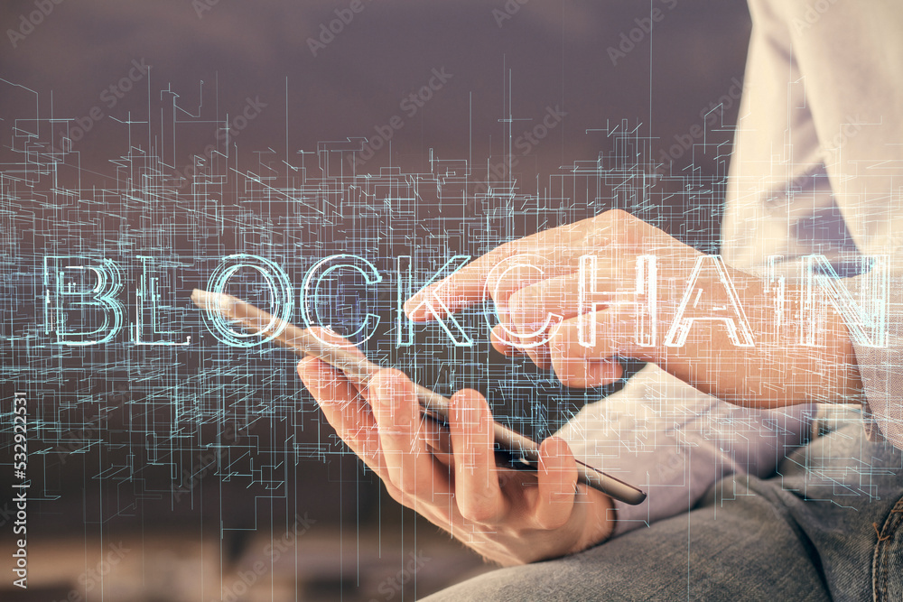 Poster Double exposure of man's hands holding and using a phone and crypto currency blockchain theme drawing.